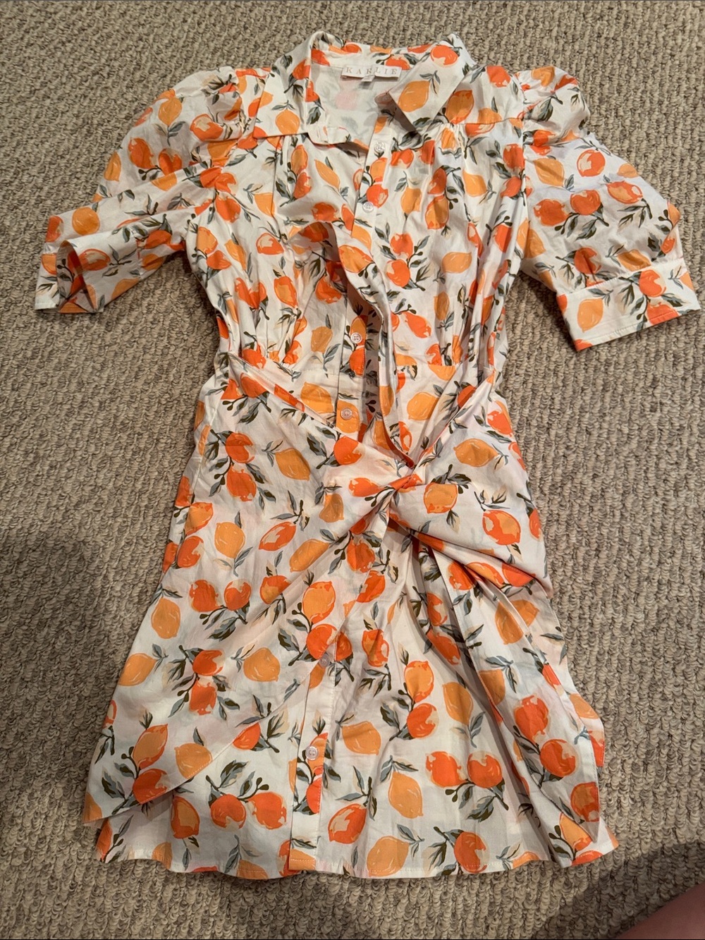 Karlie Orange & White Citrus-Print Midi Shirt Dress